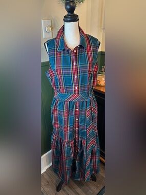 J. Crew Tartan Plaid Midi Shirt Dress Womens 14 Red Green Sleeveless Button Down